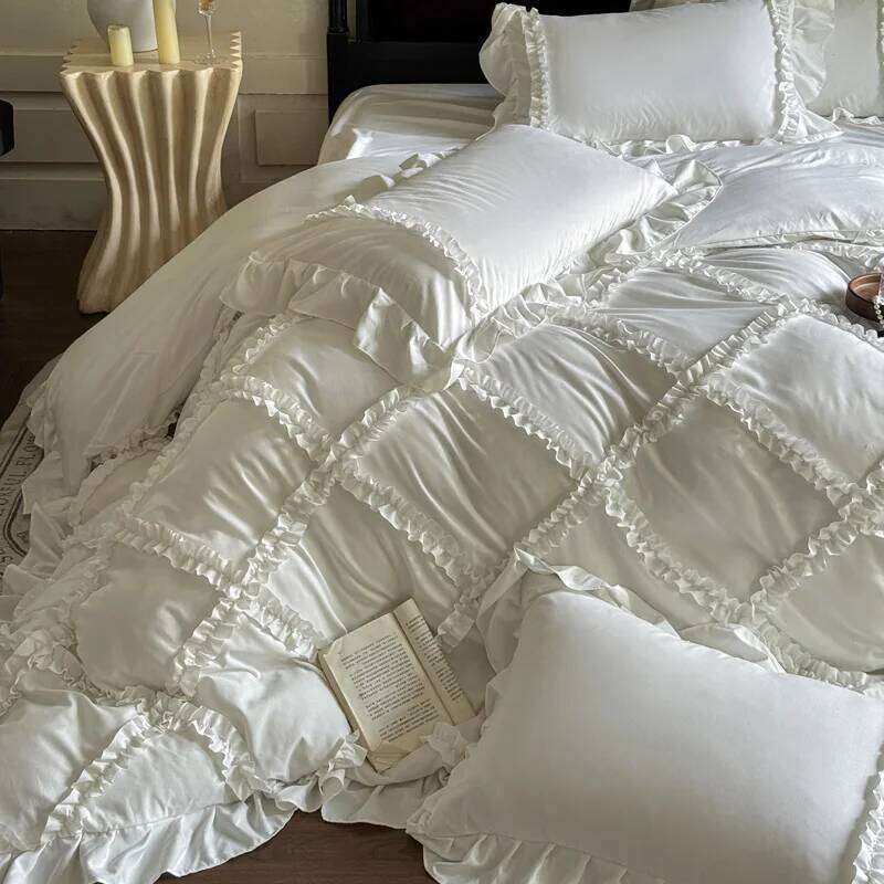 4Pcs French Princess Style Ruffles Bedding Set Double King Queen Size Wedding Bedroom Duvet Cover Flat/Fitted Sheet Pillowcases H260312
