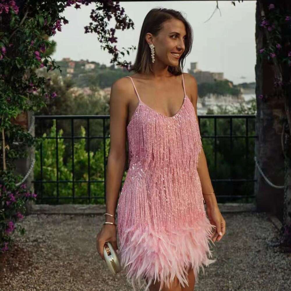 2026 Fashionable Tassel Sequin Multi-color Birthday Party Sexy V-neck Strap Feather Patchwork Dress