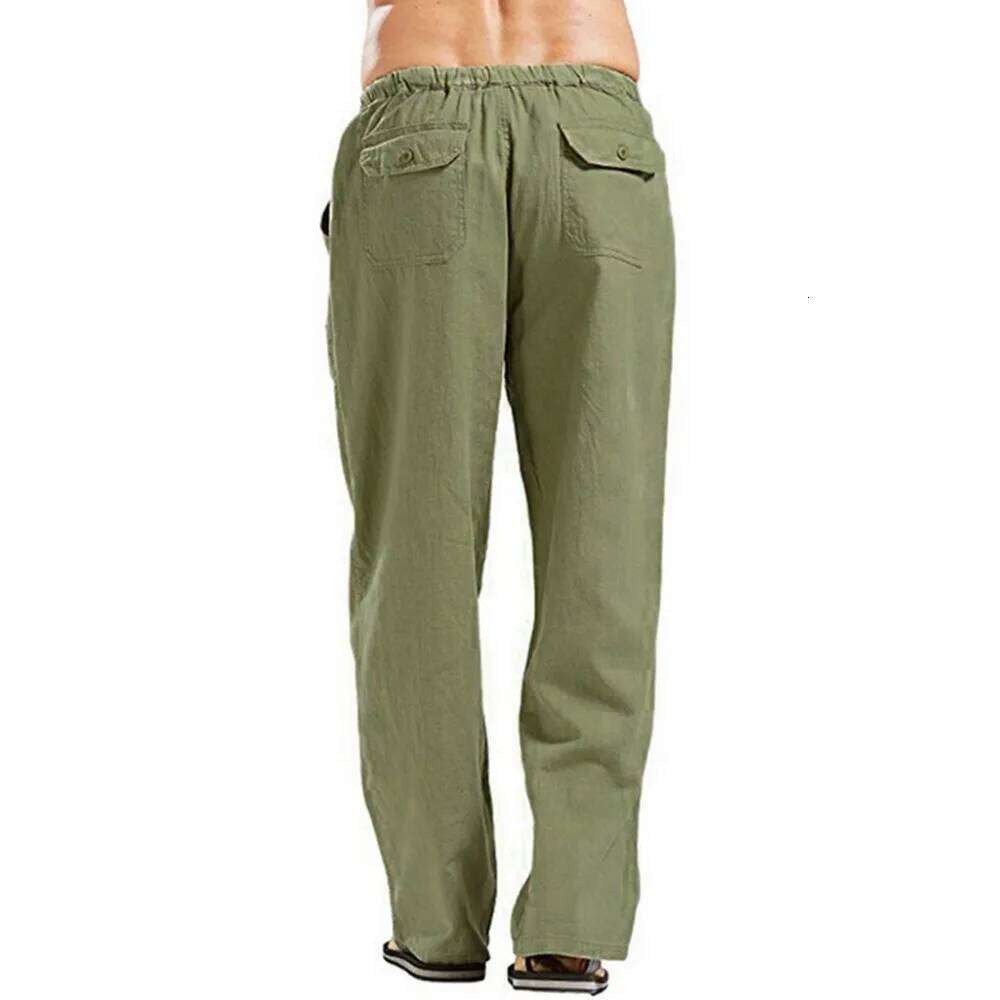 Men's Cotton Summer Solid Color Breathable Linen Trousers Male Casual Elastic Waist Fitness Pants