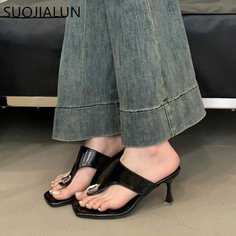 SUOJIALUN 2025 New Women Slipper Fashion Crystal Slip On Flip Flop Shoes Thin High Heel Elegant Outdoor Dress Sandal Pumps K260312