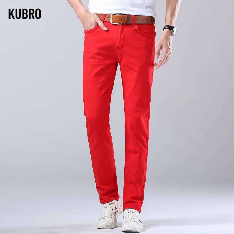 Autumn New Men's Bright Stretch Fit Jeans Trendy Denim Straight-leg Male Red Lake Blue Yellow Trousers 26Y0312