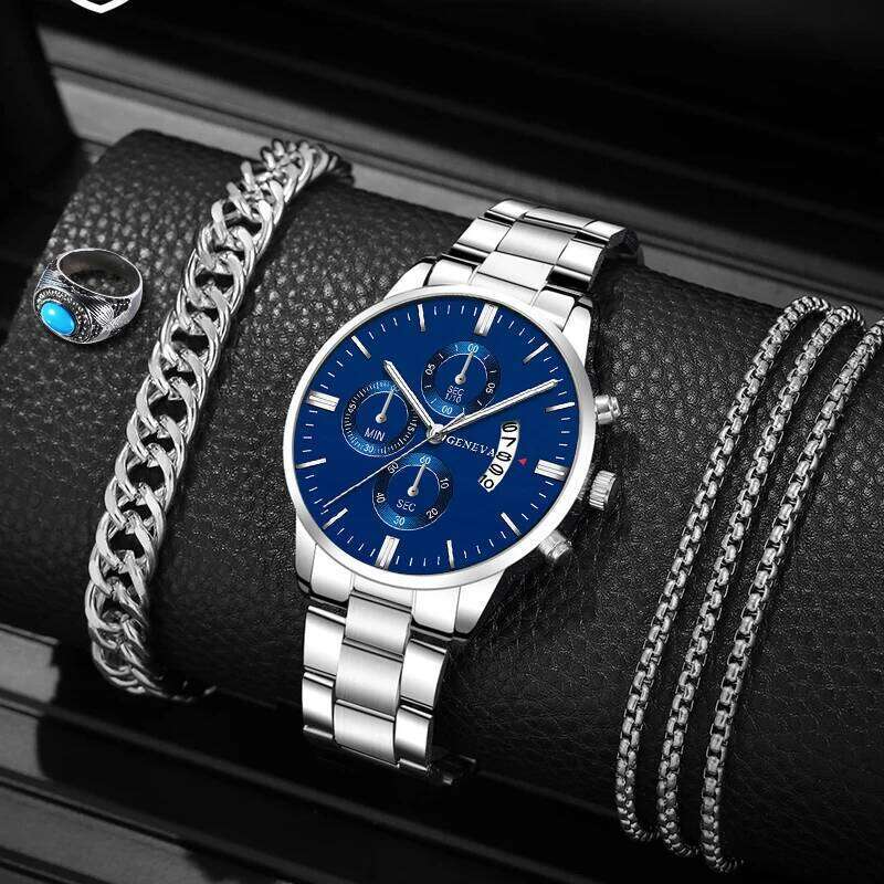 5pcs Necklace Bracelet Ring Mens Watches Set Fashion Luxury Men Stainless Steel Quartz Wrist Man Business Casual Watch