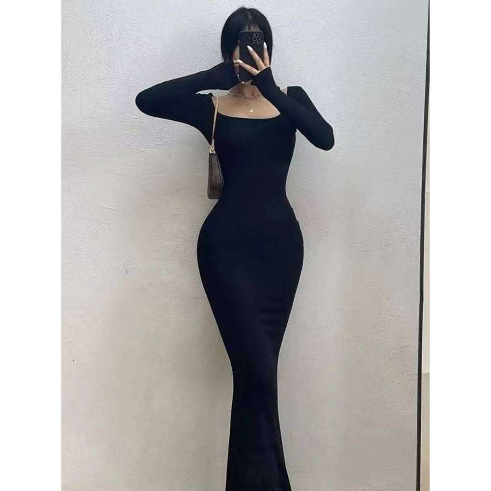 Ribbed Solid Sleeve Square Neck Skinny Bodycon Dress Women Autumn Sexy Evening Party Elegant Vestido Ladies Long Dresses C260312