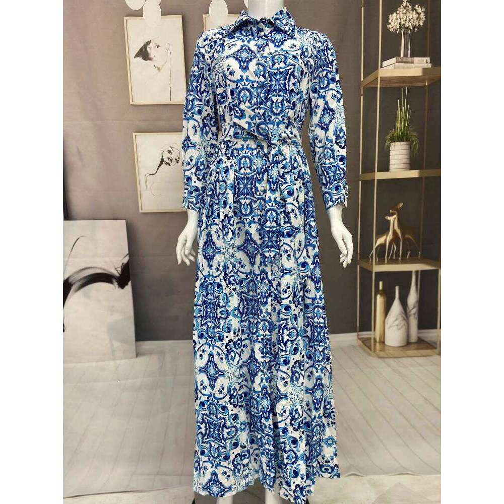 Women Fashion Elegant Printed A-line Shirt Dress, Casual Lapel Belted Large Swing Long Dress for Ladies