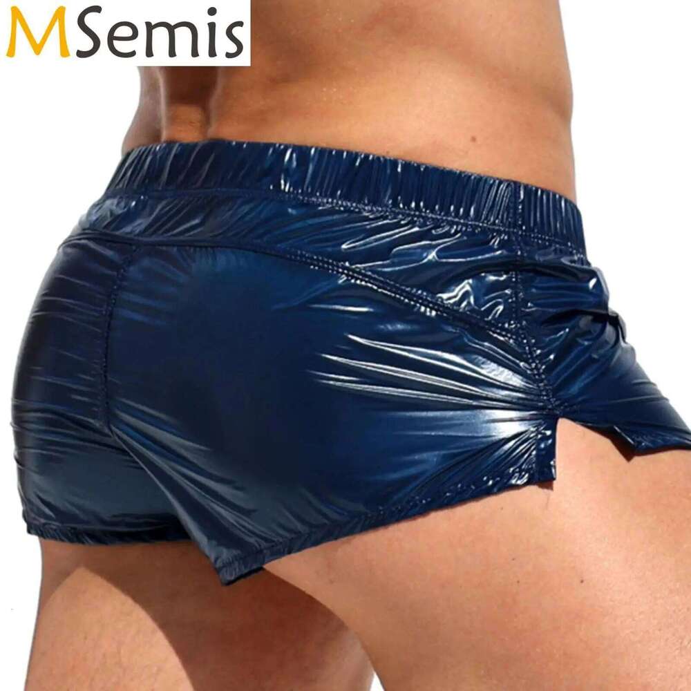 Mens Glossy Swimming Trunks Low Rise Sides Slit Solid Color Slim Fit Shorts Male Swimwear Swimsuit Pool Party Nightclub Costume Z260312