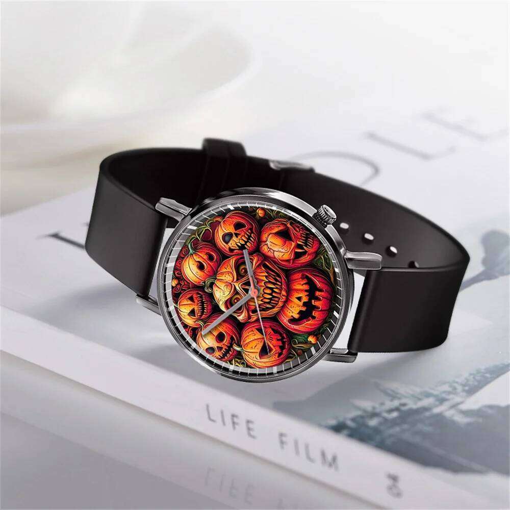 Pumpkin Design Men's and Quartz Watch Casual Black Silicone Halloween Gift Fashion Women's Wristwatch