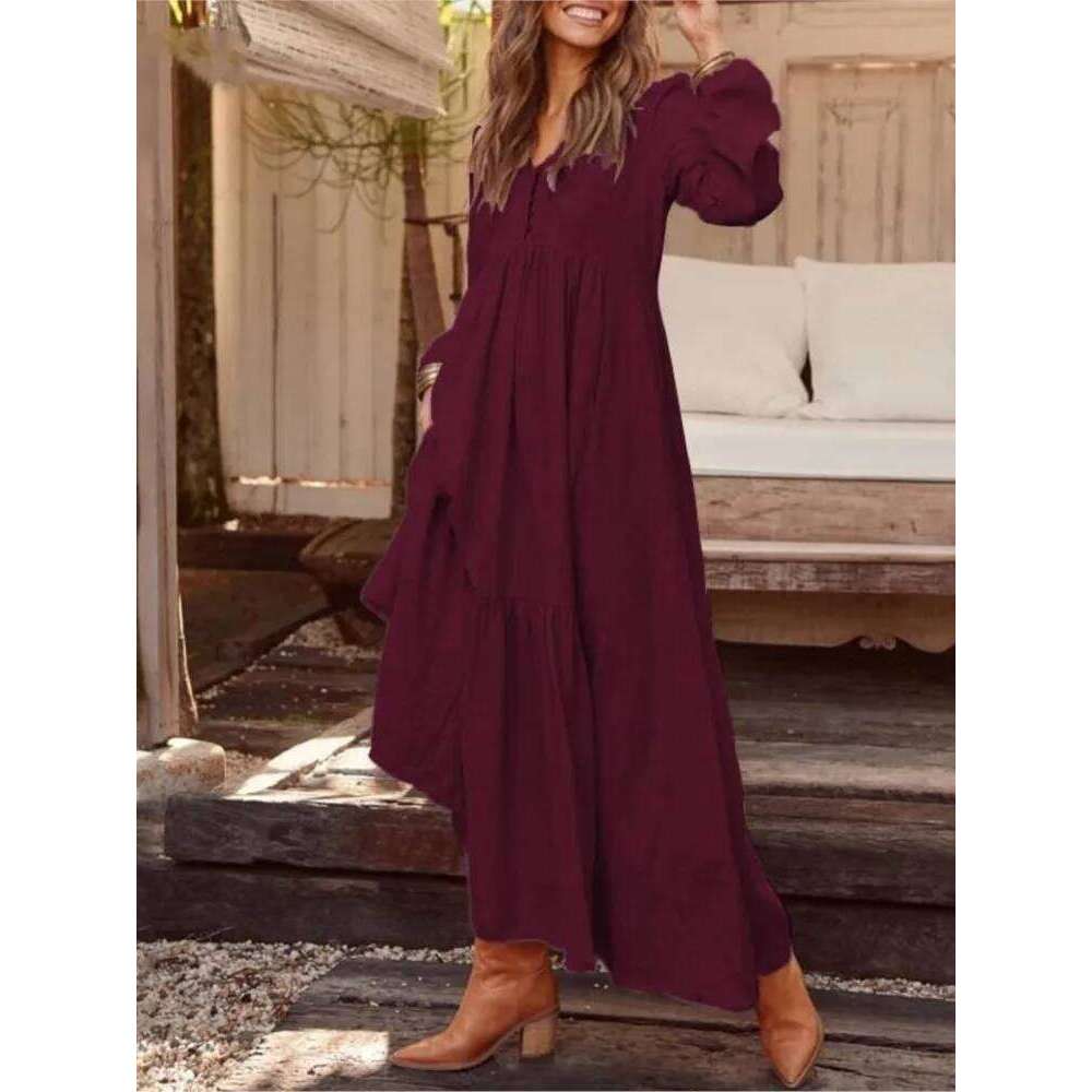 New Autumn Winter Women's Retro Fashion V-neck Button Long-sleeved Casual Wide Swing Cotton Long Dress C260311