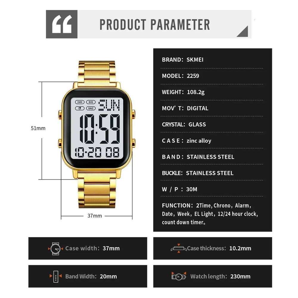 SKMEI 2259 Luxury EL Display Stainless Steel Digital Watch for Men Waterproof Sport Electronic Mens Wristwatch 1859 Reloj Hombre