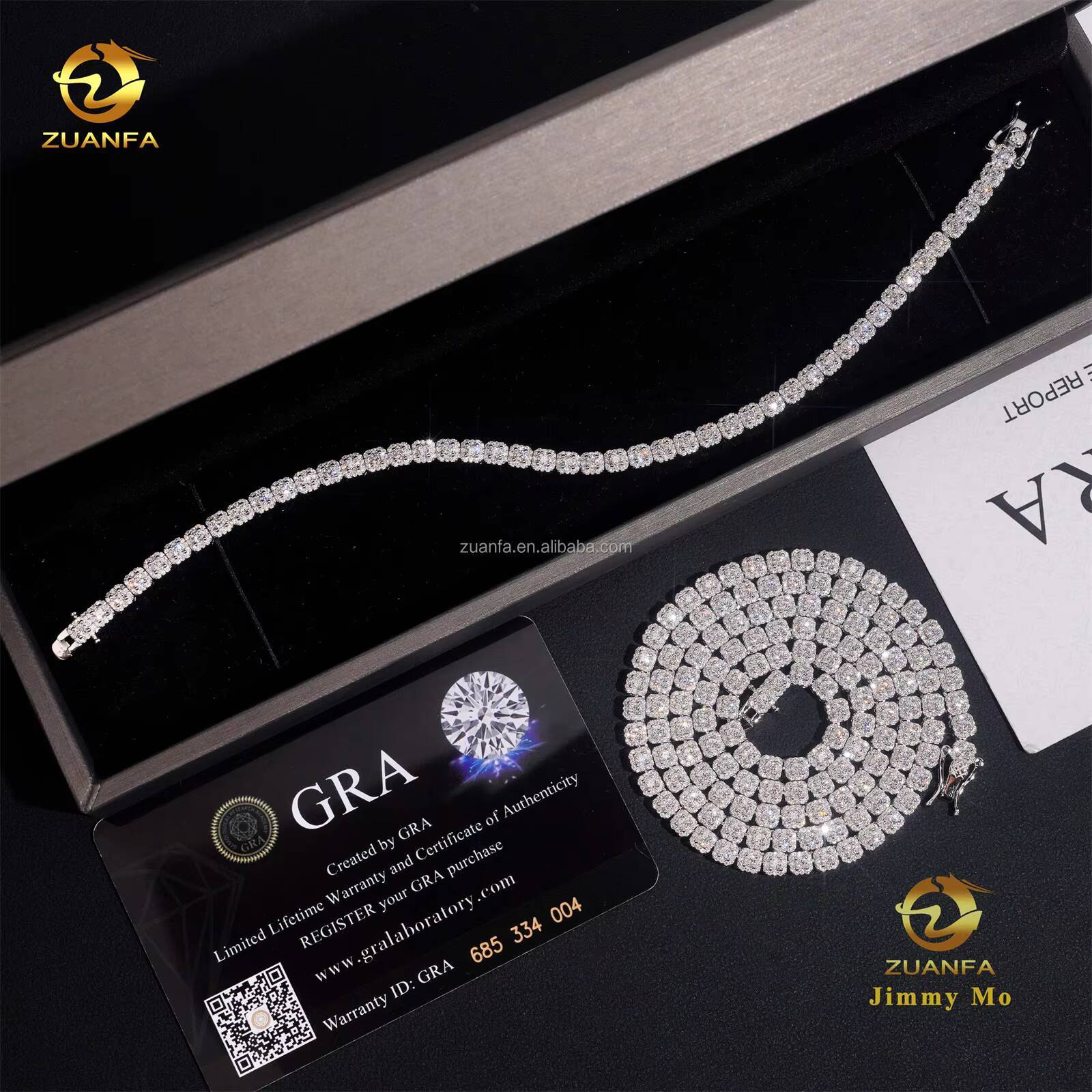 New Design Elegant Claw Setting 4mm 925 Solid Silver Hip Hop Jewelry D VVS Moissanite Diamond Cluster Tennis ChainBracelet Set