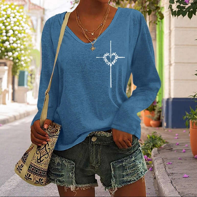 Women's Solid Color Fashion V-neck Long Sleeved T-shirt Ladies Casual Simple T-shirt