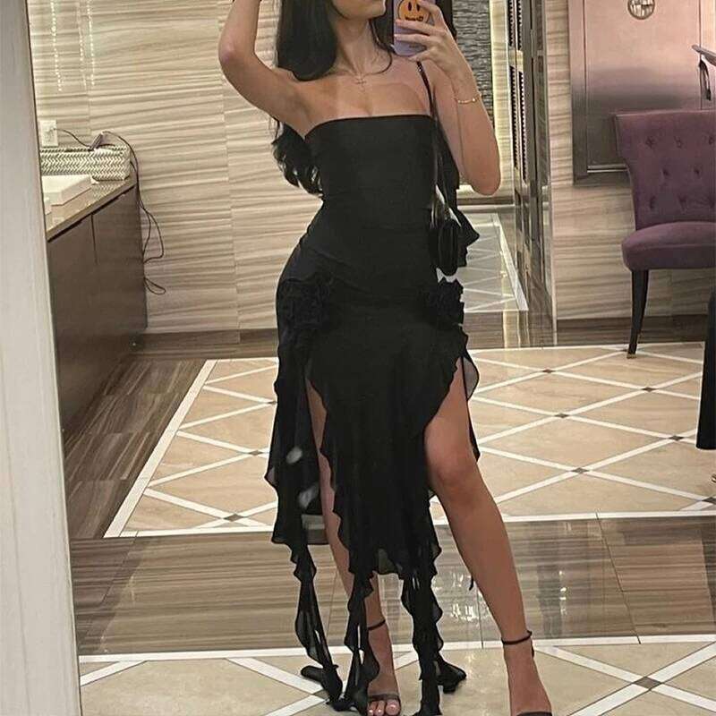 Women Strapless Sexy Floral Fold Hemline High Slit Mini 2024 Solid Backless Sleeveless Black And Pink Party Dress Vestidos C260312