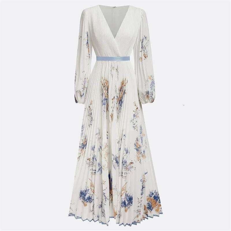 New Spring Summer Ladies Elegant Sexy V-neck Print Long Sleeve Big Swing A-line Holiday Dress Women Maxi Dresses Clothing C260312