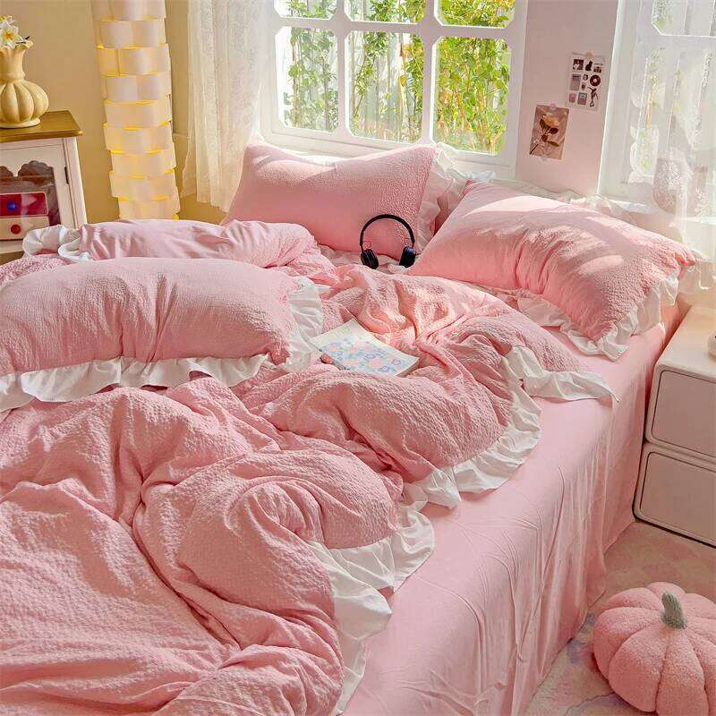 Princess Bedding French Style Washed Cotton Four Piece With Lotus Leaf Lace Duvet Cover Bedsheet Set Bed Linen H260312