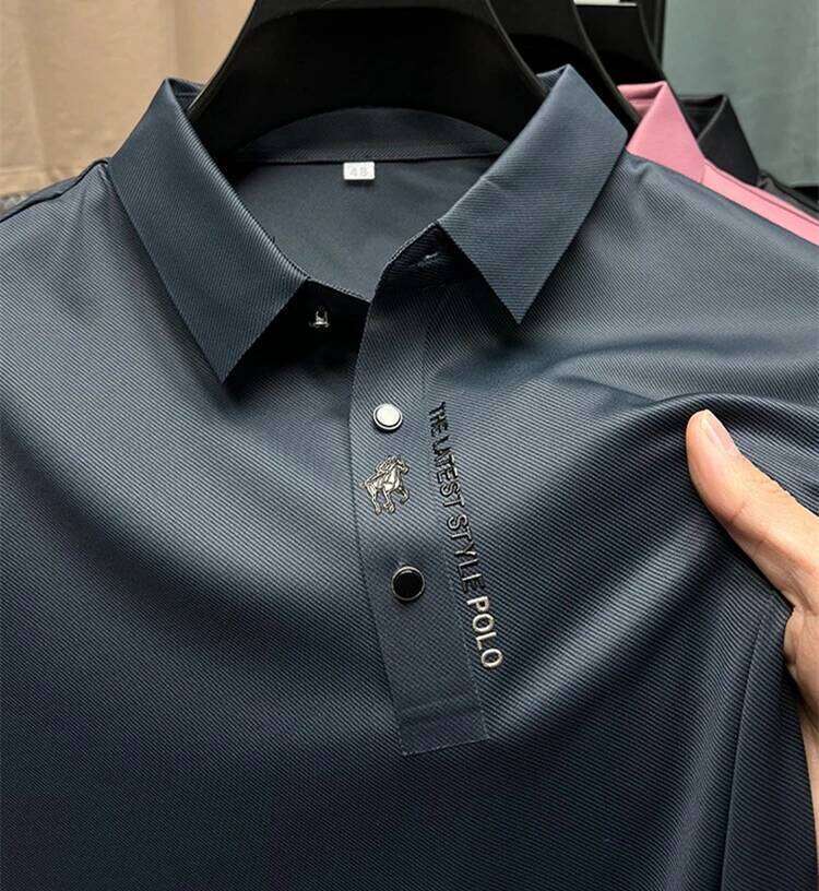High quality ice silk breathable short sleeve T-shirt Men's Summer Fashion Embroidery Casual Elastic Comfort polo shirt 26H0312