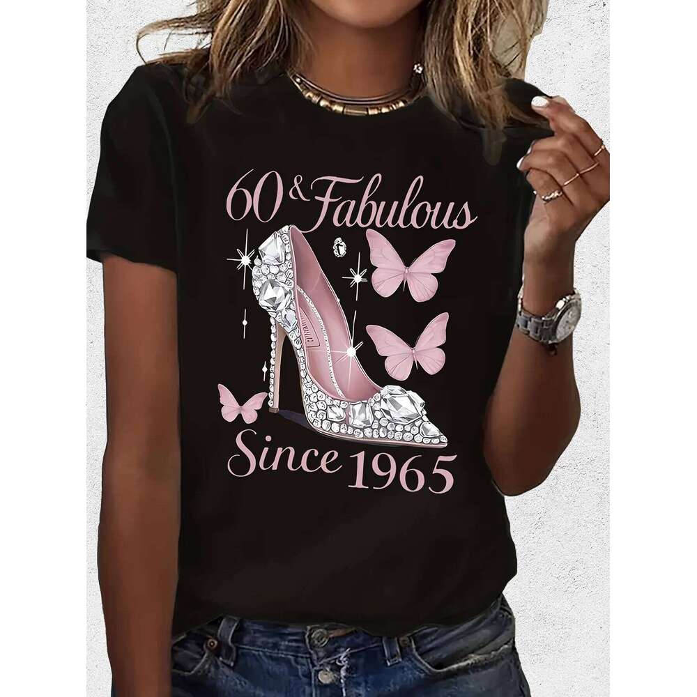 60 & Fabulous Graphic Tee Women's Casual Short Sleeve T-Shirt with Rhinestone High Heel Butterfly Design Printed Ladies TShirts Z260312