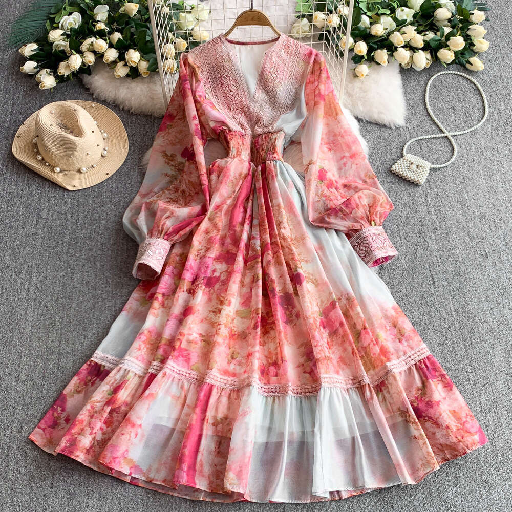 Women's a18 cross-border French elegant lace patchwork V-neck lantern sleeve dress with summer print waistband