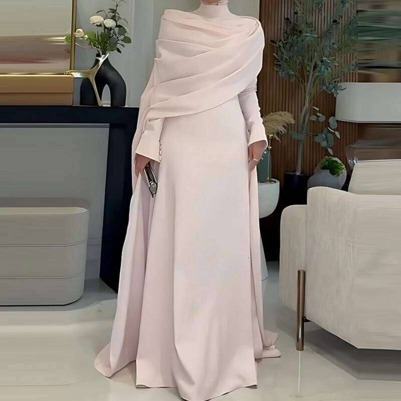 Women's Casual Sleeve Draped Gowns Elegant Cape Design Long Dresses Fashion Stand Collar Irregular Floor Length Dress C260312