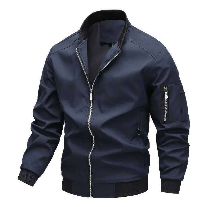 Men's Stand Collar Up Bomber Jacket with Multiple Zip Pockets Functional Casual Windbreaker for Daily and Outdoor Wear 26H0311