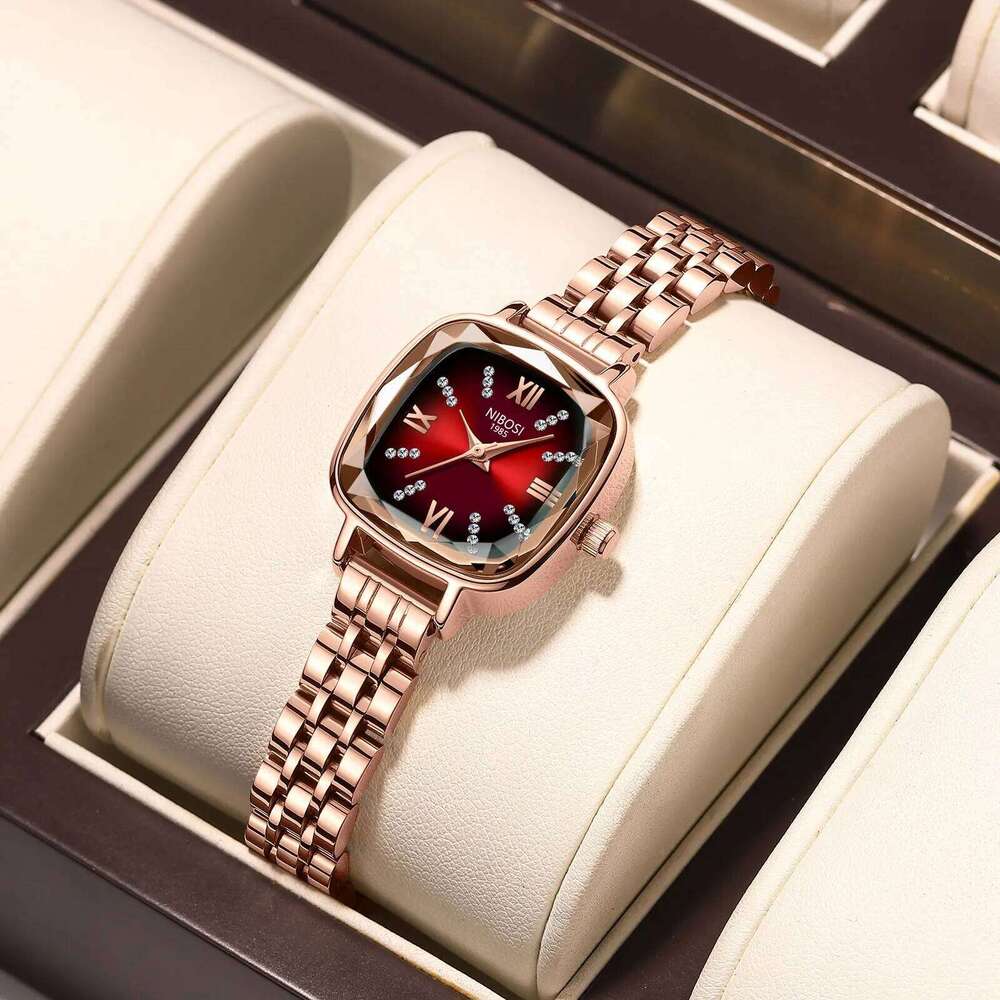 2PCS NIBOSI Women Wristwatches Waterproof Top Brand Ladies Watch Diamond Decor Rectangle Quartz Women's Watches Female Reloj