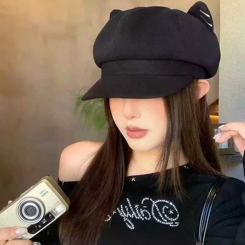 Japanese Style Cute Woolen Cat Ear Beret For Women Autumn And Winter Duckbill Octagonal Hat H260312 - view 4