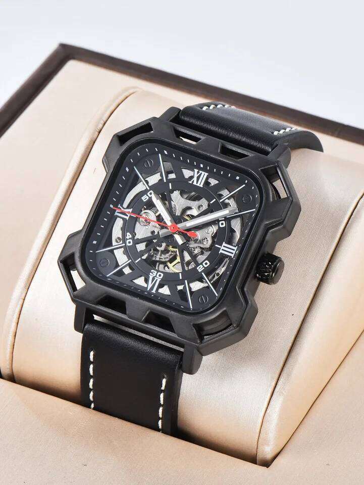 LONGLUX automatic business cool wholesale mechanical wristwatches hollow no logo black leather mens watch men gift