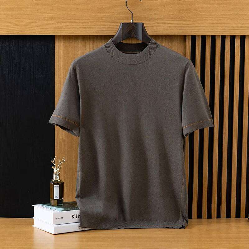 2026 Spring/Summer New Men's Short Sleeved 100% Wool T-Shirt Sweater O-neck Solid Color Loose Knit Pullover Business Casual Tops