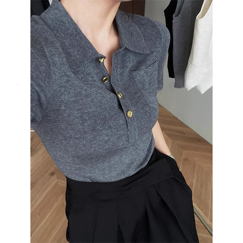 French-style Polo Collar Gray Polo Shirt Knit Top For Women Designer Designer Shirt Hoodie Summer Short Style High-end And Elegant Ice Silk Regular Sh