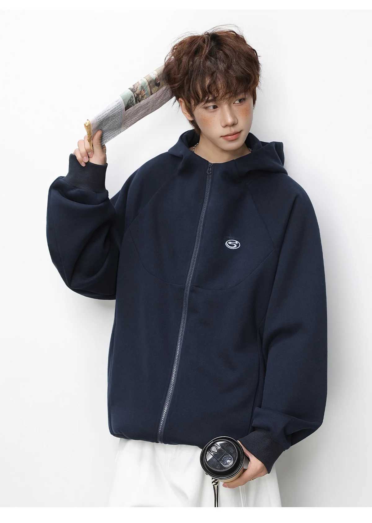 Cardigan Hooded Sweatshirt for Men and Women Spring Vintage Contrast Colour Embroidered Short Wide Zip Jacket Soft M260312