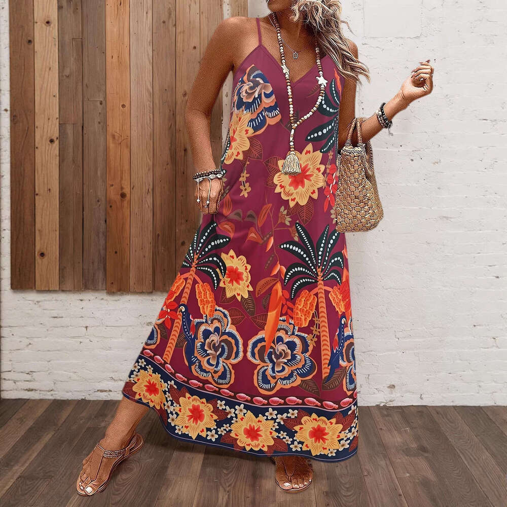 2026 Hot-Selling Summer Fashion Casual Beach European and American Cross-Border V-Neck Strap Printed Dress for Women