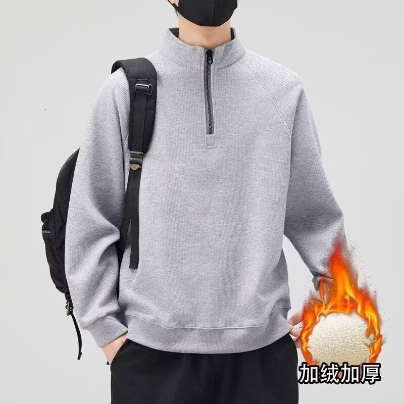 Fleece-lined Thickened Half-zip Sweatshirt For Men Loose Fit Spring And Autumn New Autumn And Designer Hoodie Winter Trendy Brand Stand Collar Pullove