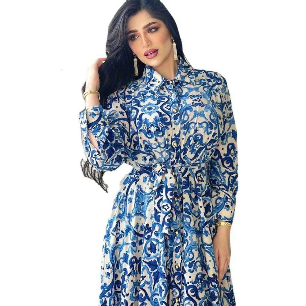 Women Fashion Elegant Printed A-line Shirt Dress, Casual Lapel Belted Large Swing Long Dress for Ladies