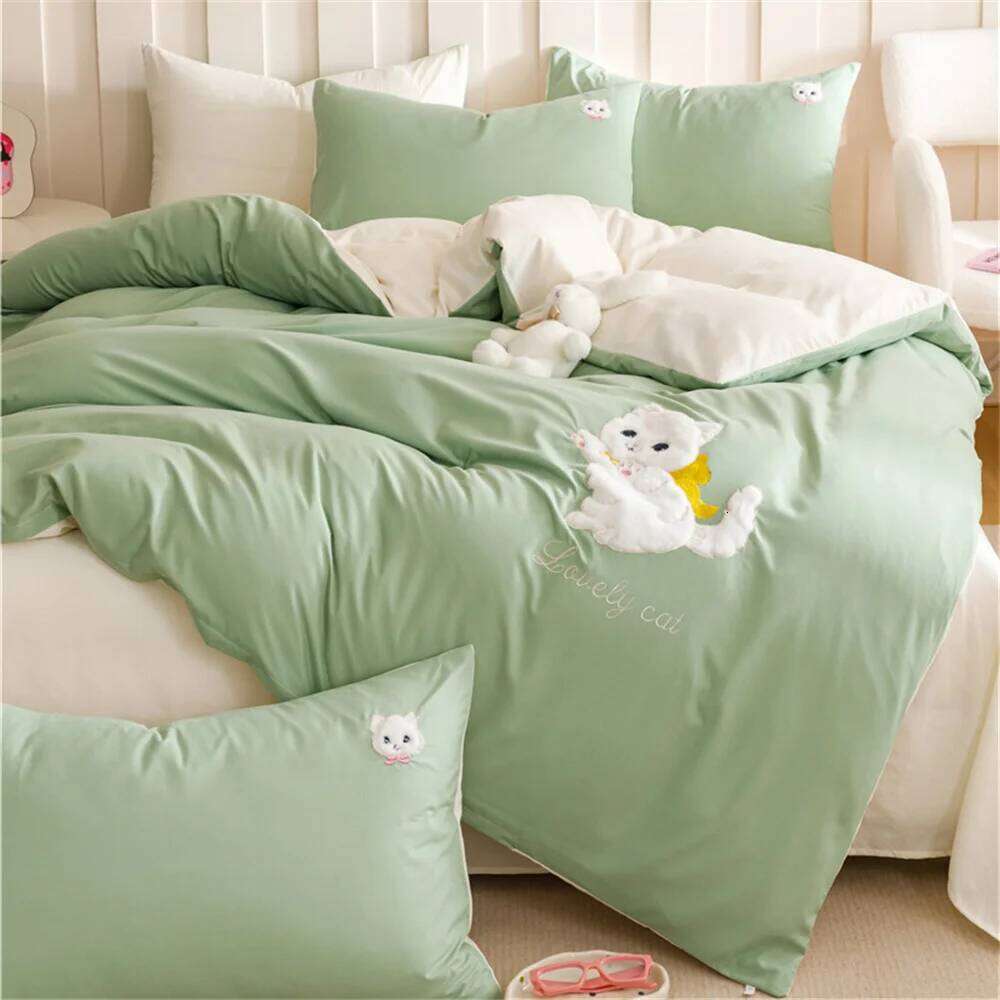 2025 New Spring Washing Cotton Four-Piece Set - Butterfly Cat Duvet Cover Solid Color Queen Size For Girls Woman Home Textiles H260312