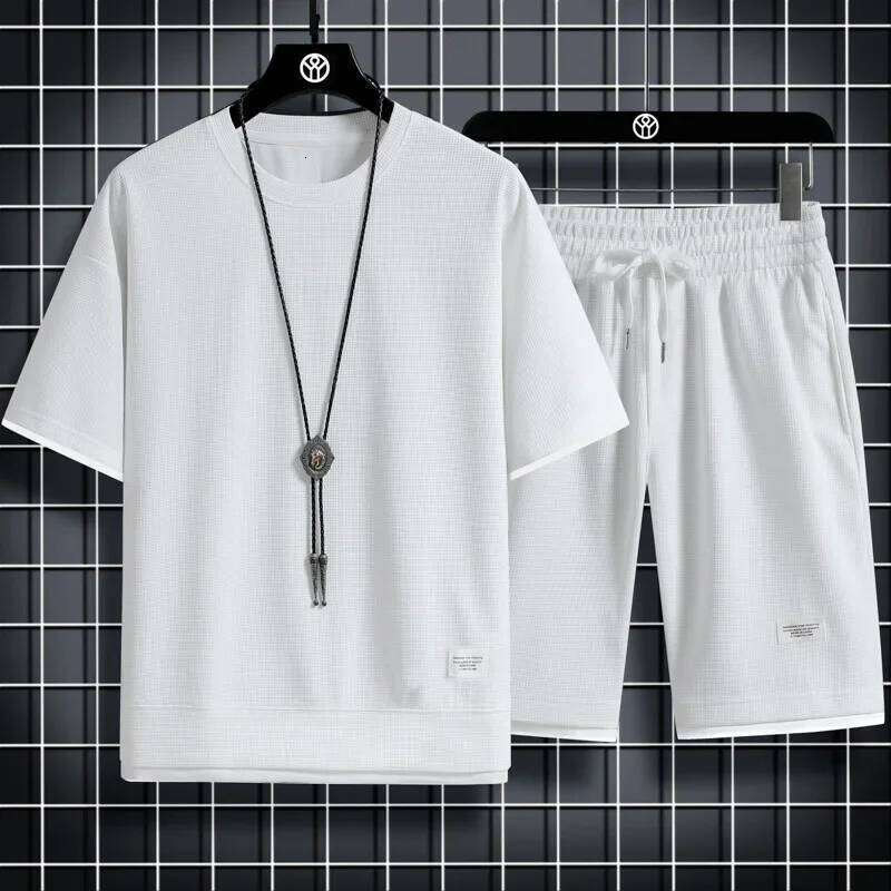 2025 Summer Men's Sports Casual T-Shirt + Set Waffle Solid Color Short-sleeve Shorts Two Sets Tracksuit Loose Suits
