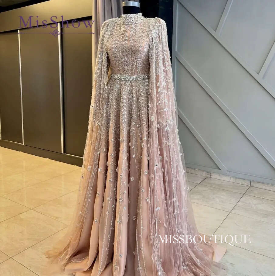 Luxe Beaded Evening Dresses With Cape High Neck Modest Dubai Arabic Formal Occasion Party Gowns Galas Dress With Silver Beads Crystals Robe De Soiree 