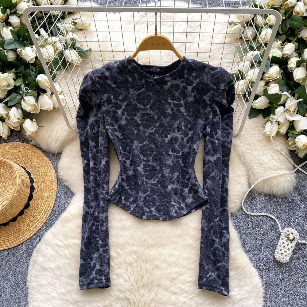 Designer French fashion high-end round neck puff sleeve leopard print women's top autumn and winter new slim fit A15 basic shirt