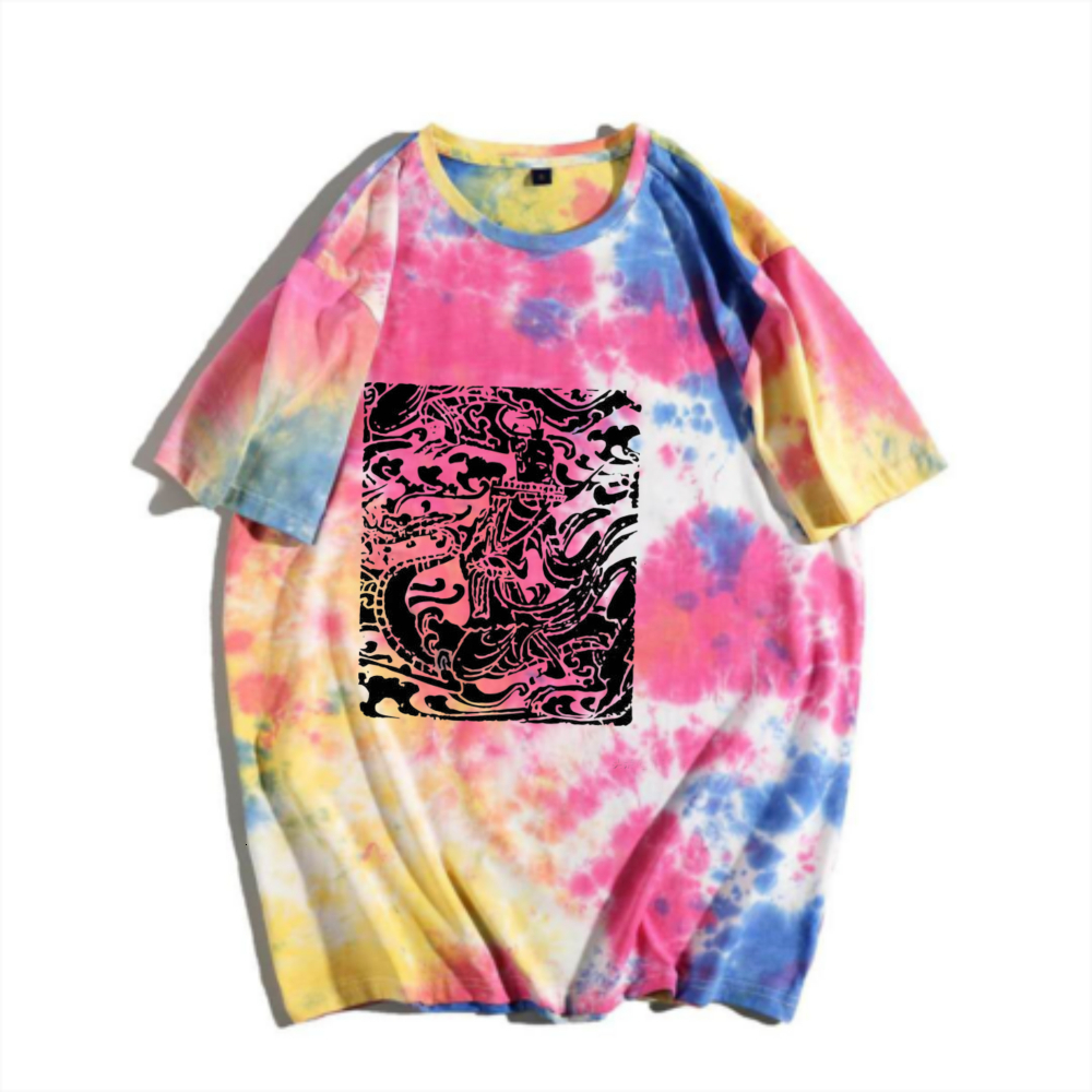 China-Chic New Chinese Traditional Pattern Tie Dyed Short Sleeve T-shirt Rainbow Gradual Change Retro Character Beast Print Men's Summer Versatil