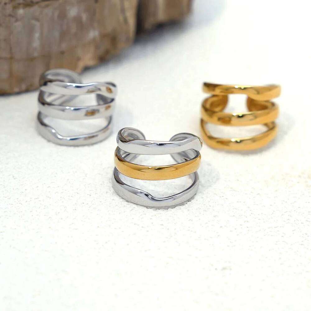Minimalist Line 18K Gold Color Plated Stainless Steel Stackable Hollow Women's Jewelry Adjustable Ring Party Gift H260312