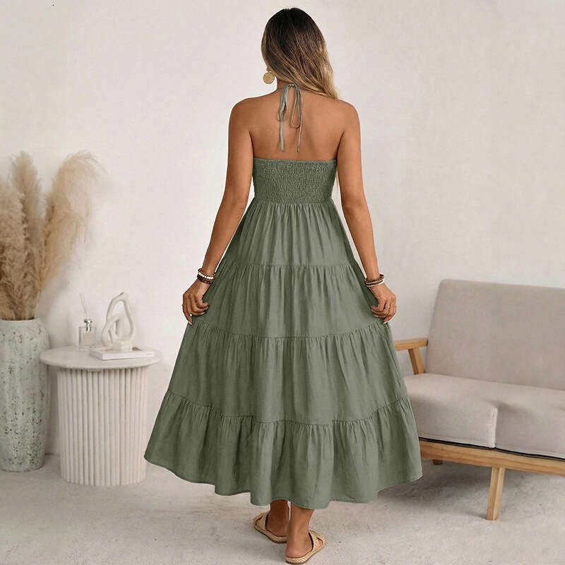 Cross-border European and American 2026 new summer casual ruched backless halter neck strap dress women's clothing