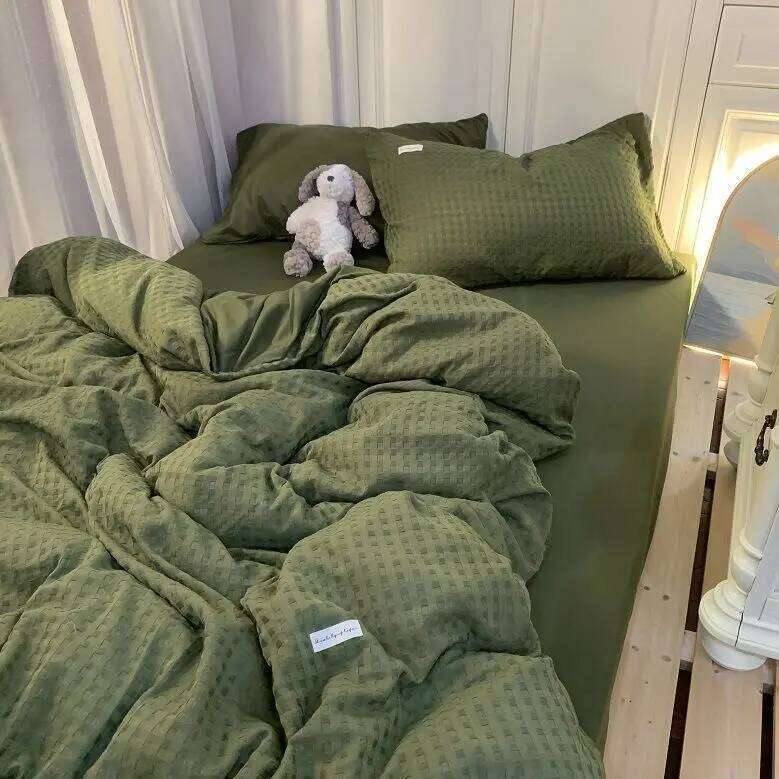 Bedding Set High Grade Light Washable Cotton Waffle Four Olive Green Quilt Cover Bed Sheet Dormitory Three Piece H260312