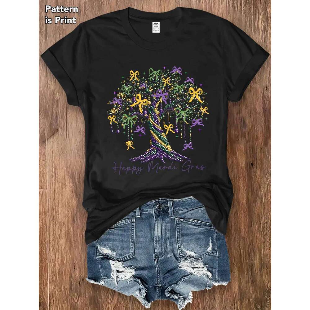 Women's Mardi Gras Festival Shirt Purple Green Gold Hanging Beads Oak Tree Graphic Tee Summer Casual Party Gift Black White Z260312
