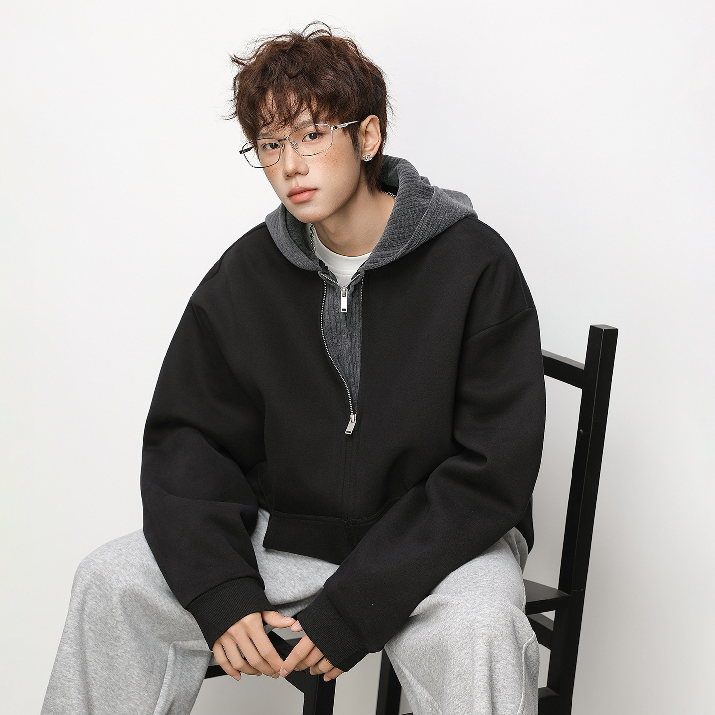 Color-block Knitted Patchwork Fake Two-piece Hooded Sweatshirt For Designer Hoodie Men Spring Heavy Texture Casual Hoodie Jacket