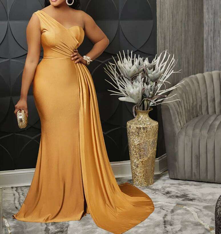 Solid Color Evening Party Tight Fitting Single Shoulder Sleeve Dress Long Skirt Women New Fashion 2025 Casual Female Clothing C260312