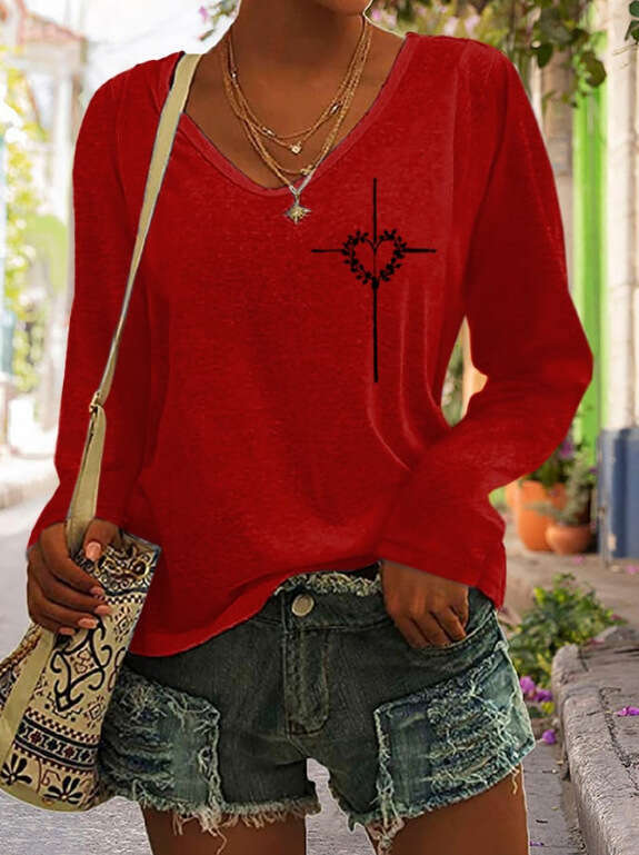 Women's Solid Color Fashion V-neck Long Sleeved T-shirt Ladies Casual Simple T-shirt