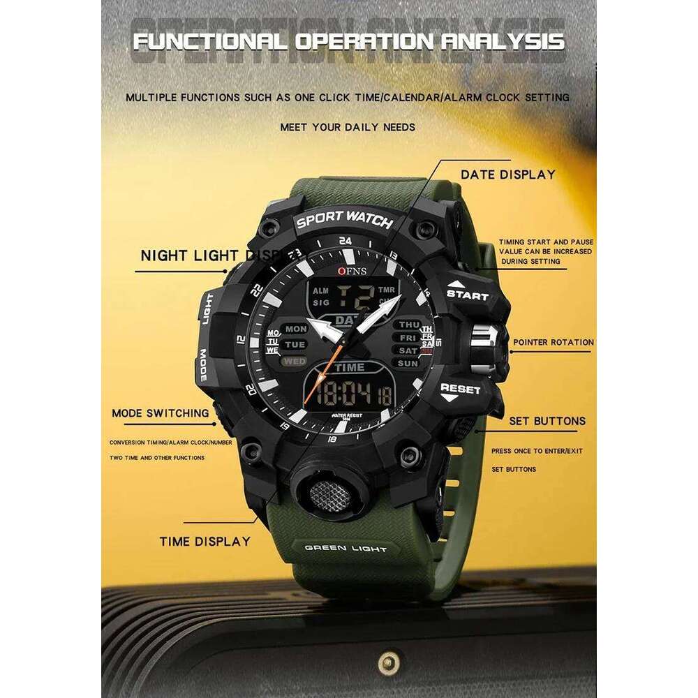 OFNS 6126 Dual Display Waterproof Sports Military Alarm Stopwatch Quartz Watch Men's Digital Clock