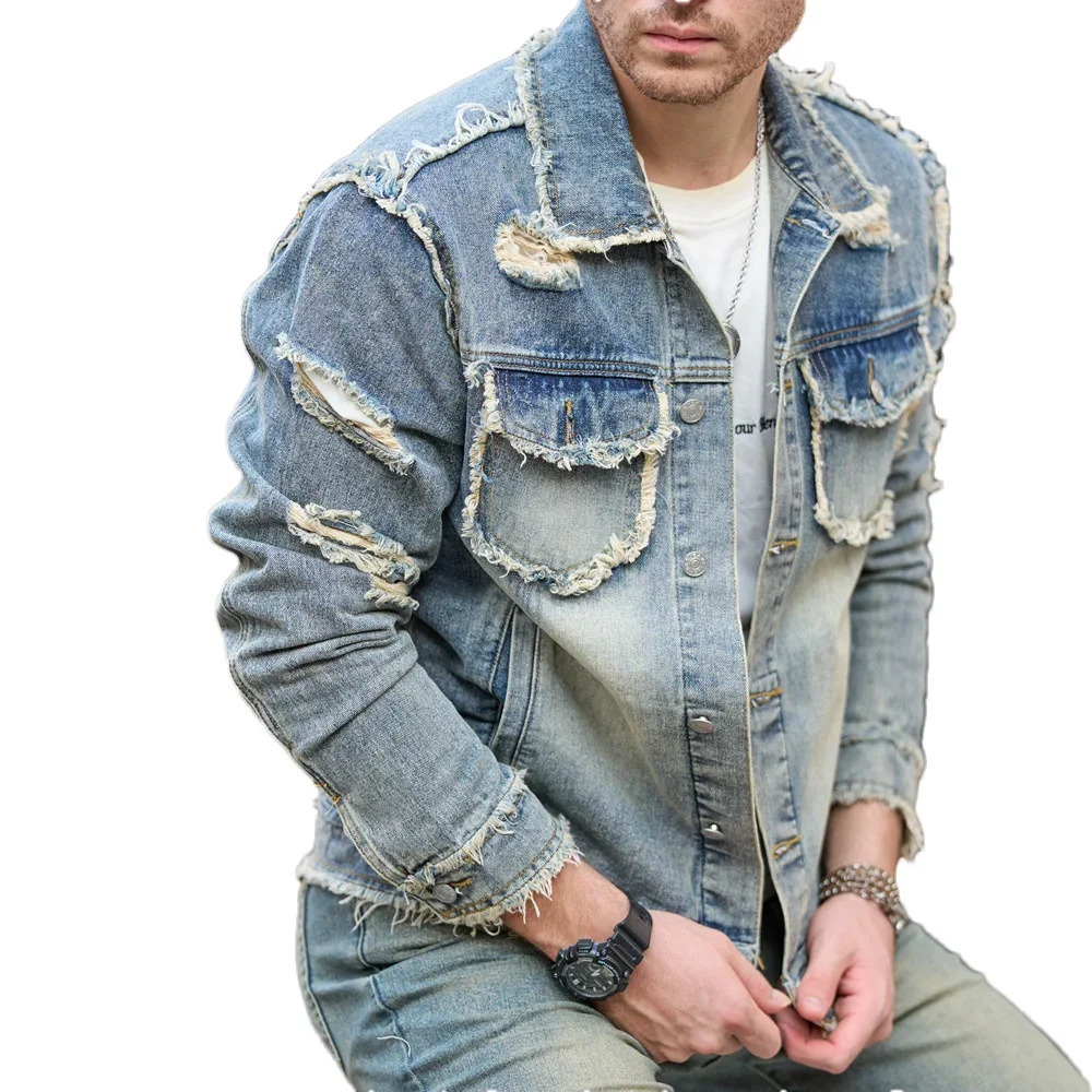 Street Stylish Retro Style Holes Slim Street Denim Jacket Coat Good Quality Distressed Male Casual Denim Jacket 260304