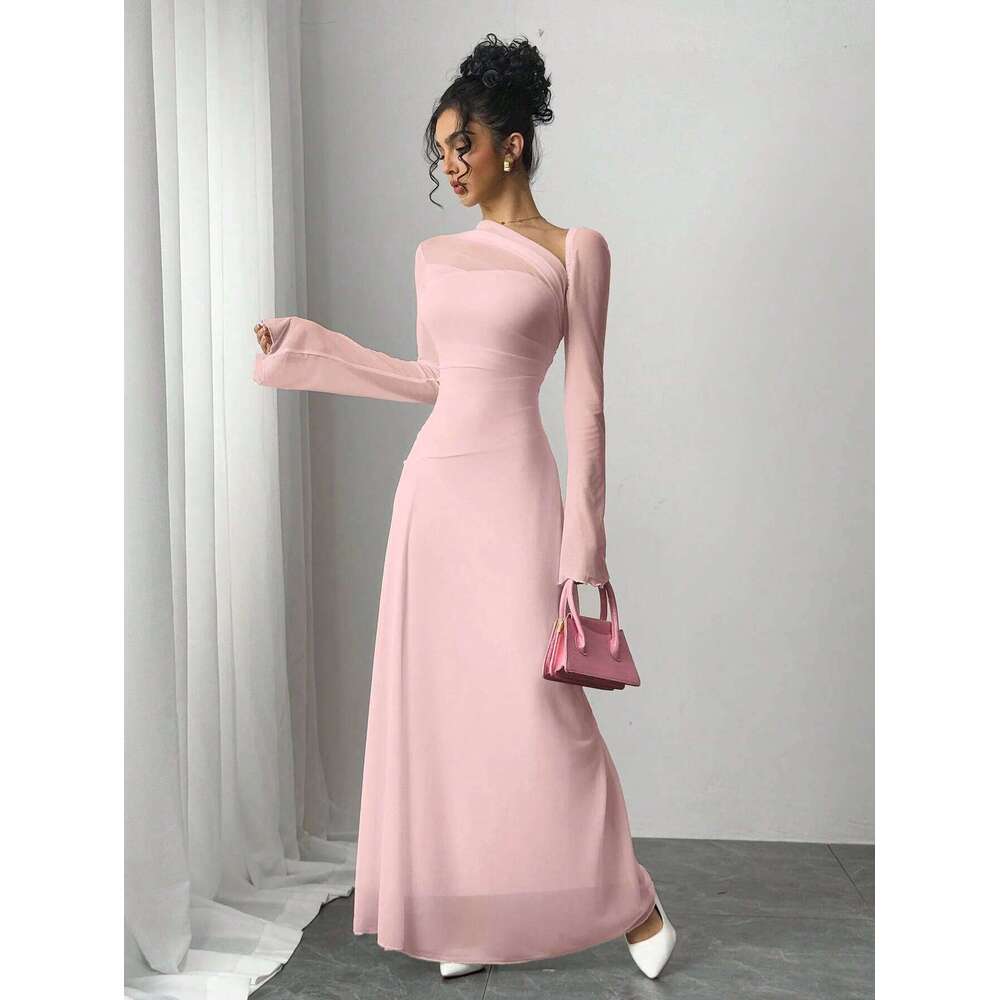 New spring/summer women's pink tulle explosion slim irregular diagonal shoulder ultra long dress C260312