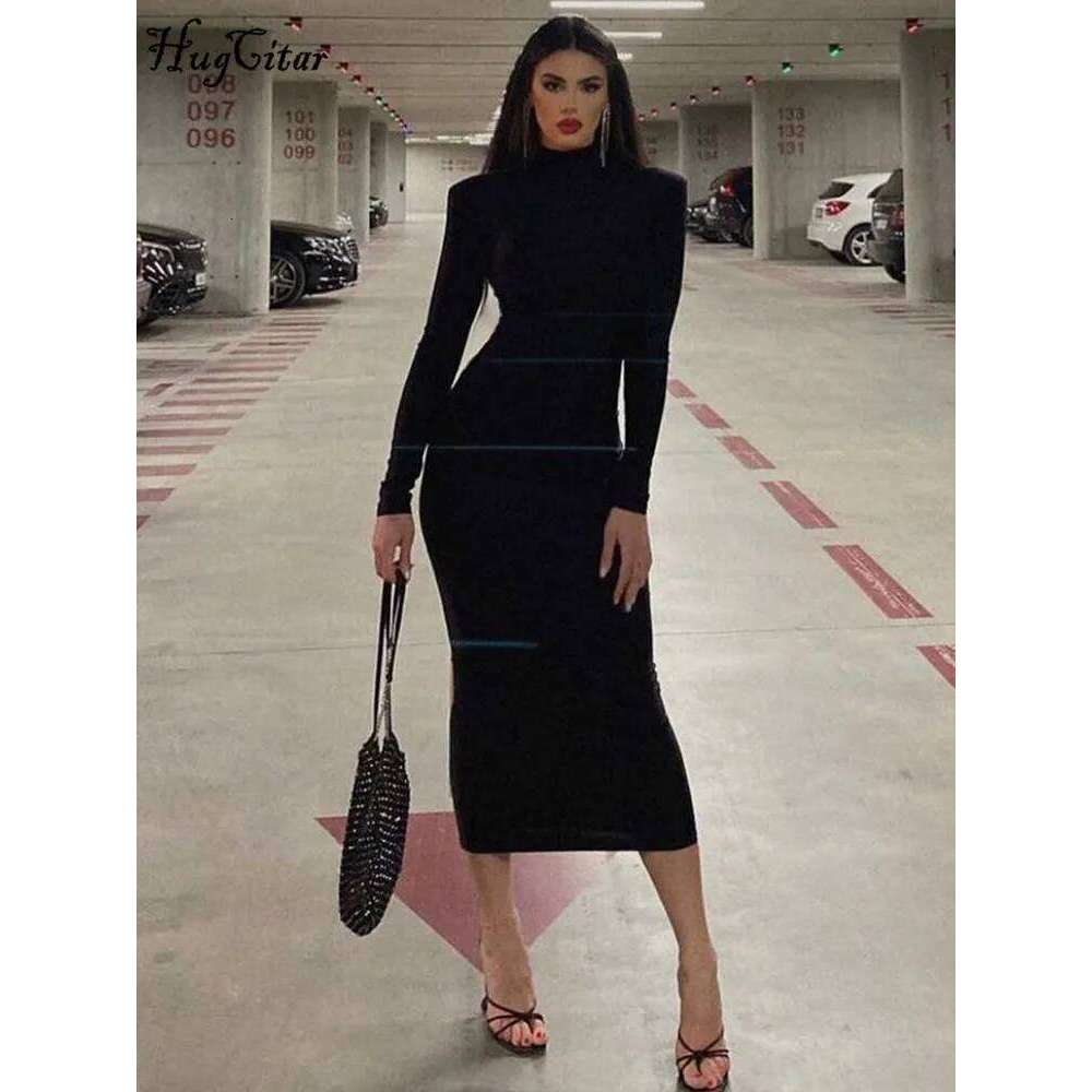 Hugcitar Women Fashion Turtleneck Long Sleeves Black Sexy Bodycon Maxi Prom Dress Fall Casual Clothes Streetwear Party Festival C260312
