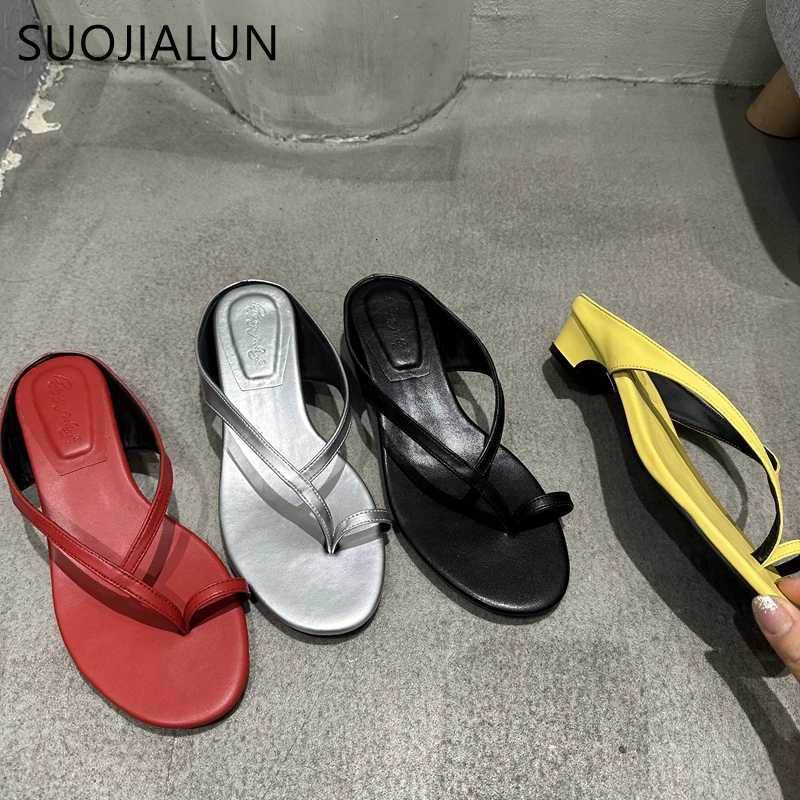 SUOJIALUN 2025 Summer New Women Slipper Fashion Narrow Band Ladies Elegant Flip Flop Square Low Heel Dress Slides Shoes K260312