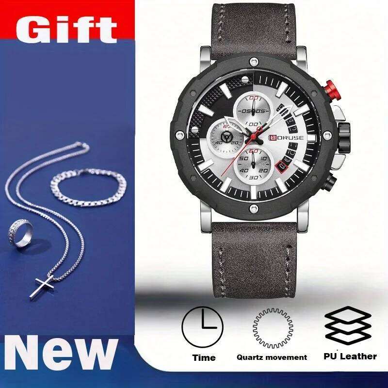 4pcs/set, BORUSE Luxury Watches & Cross Necklace Sets, Mens Quartz Casual Date Watch for Wristwatch Men Gift