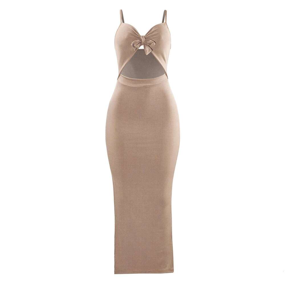 Europe America knit simple sleeveless suspender dress in spring summer, leaking back and sexy long skirt with neck. C260312